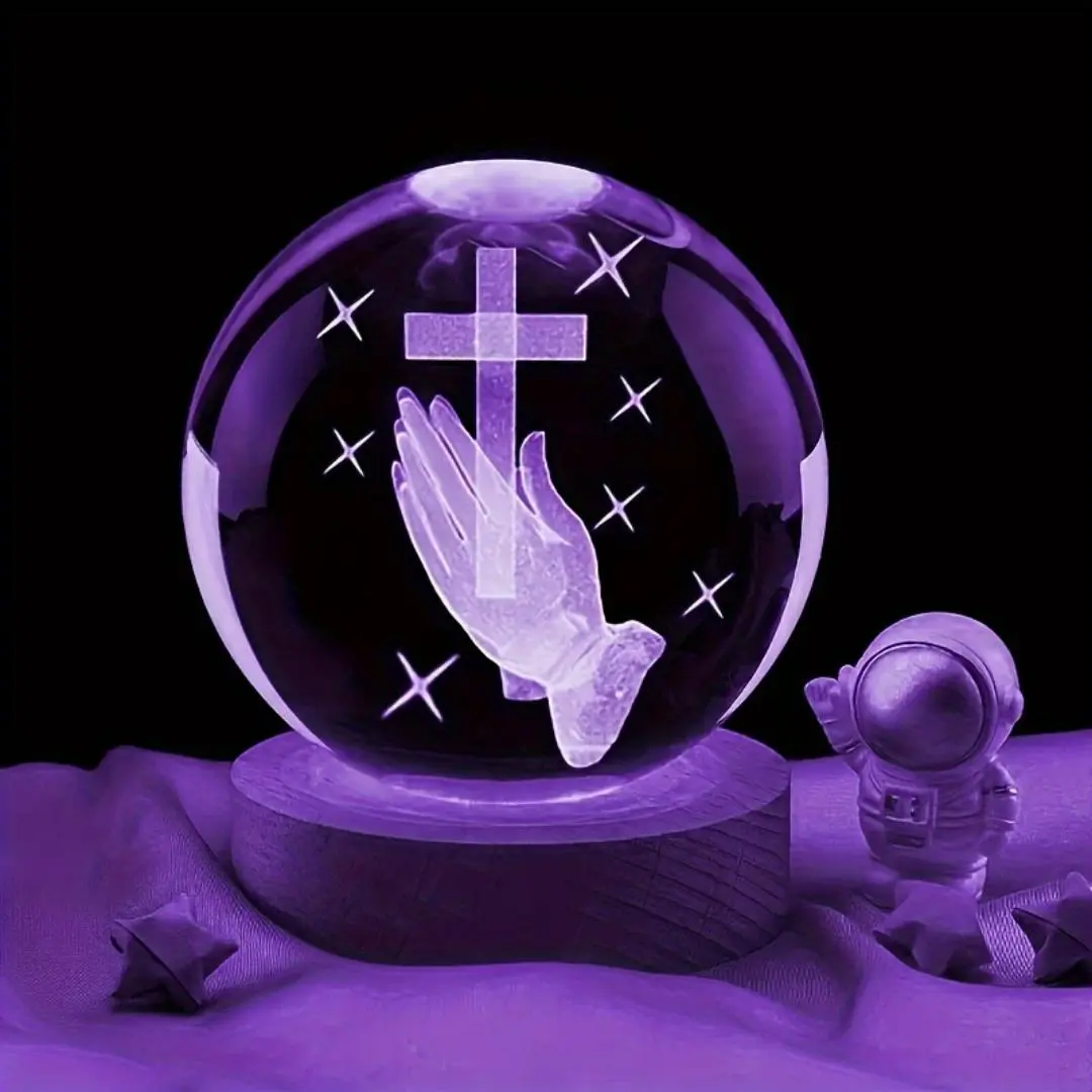 1pc 60MM/2.4in Handheld 3D Interior Carved Cross Crystal Decorative Ball - Indoor Colorful Night Light, Religious Art, Thanksgiving & Hanukkah Decoration Gift (Home Decor Statue)