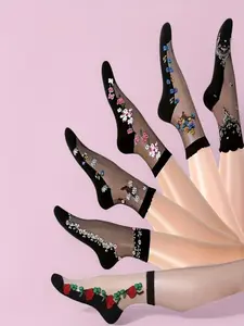 Elegant Women's Short Socks, Embroidered Floral Pattern, Comfortable Breathable, Essential for Spring Summer, Perfect Mid-Calf Socks