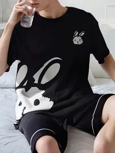 Men's Rabbit Print Tee & Shorts Loungewear, Regular Fit Casual Comfy Round Neck Short Sleeve T-Shirt & Shorts PJ Set, Men's Sleepwear for Summer