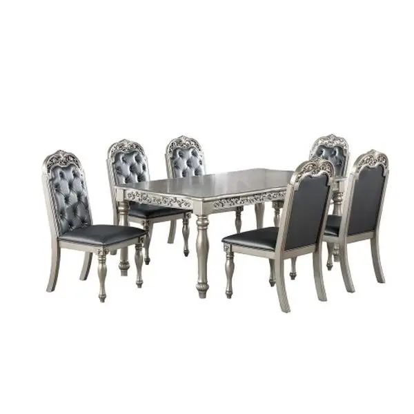 Bellemave 7-Piece Traditional Formal Silver-Grey Dining Room Table Set with Chairs - Rubber Wood Base, 6 Intricate Tufted Back Cushion Side Chairs, Indoor Furniture Combo, Dining Table Set With Chairs, Piece Dining Room Sets Apartment Furniture