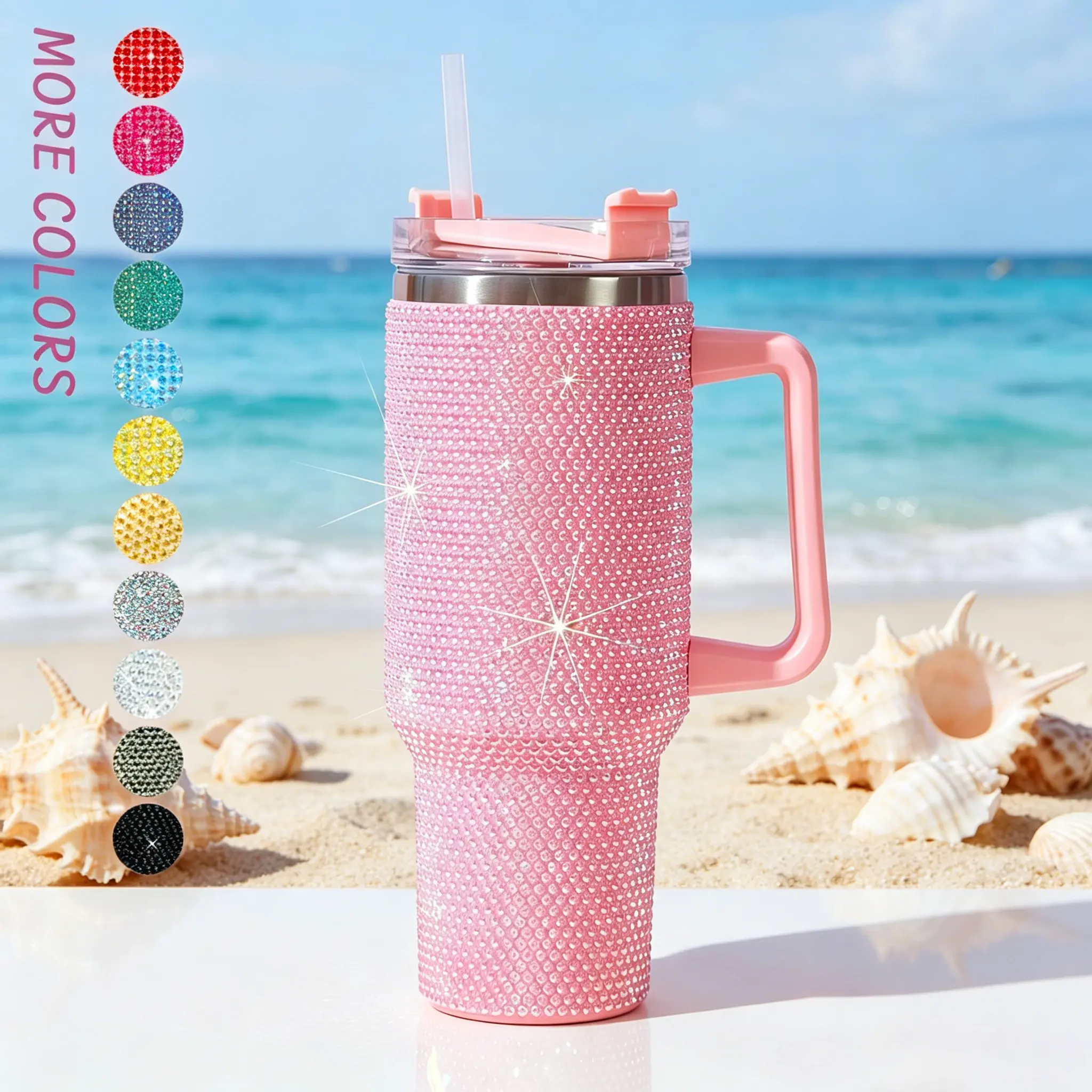 40oz Bling Rhinestones Tumbler with Handle - Sparkly Stainless Steel Water Bottle for IceCoffee, Must-Have CarAccessories & GymEssentials, Diamond Studded Cup for Women, Cute Birthday Gifts,dorm essentials,home decor,home essentials,camping essentials