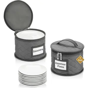 2 Pack 6" Small Plate Storage Case - China Storage Container - Stackable With Padded Interior to Store Dinnerware Dishes - 24 Felt Dividers Included - Gray - Great for Saucers and Small Bowls