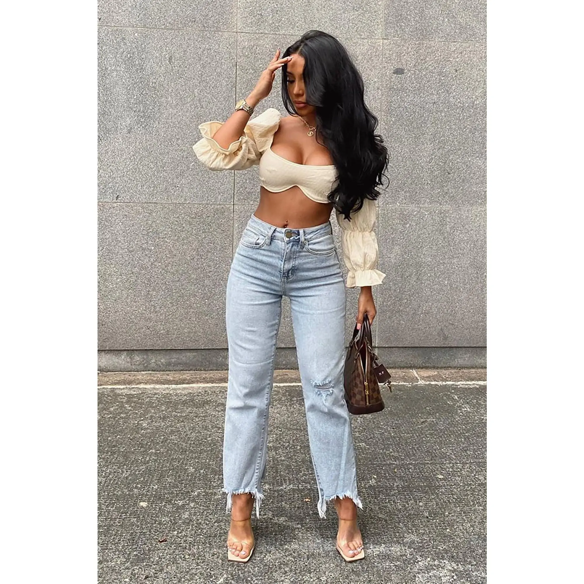 Time Out Crossover Distressed Vintage Ankle Jeans - Light Blue Wash
