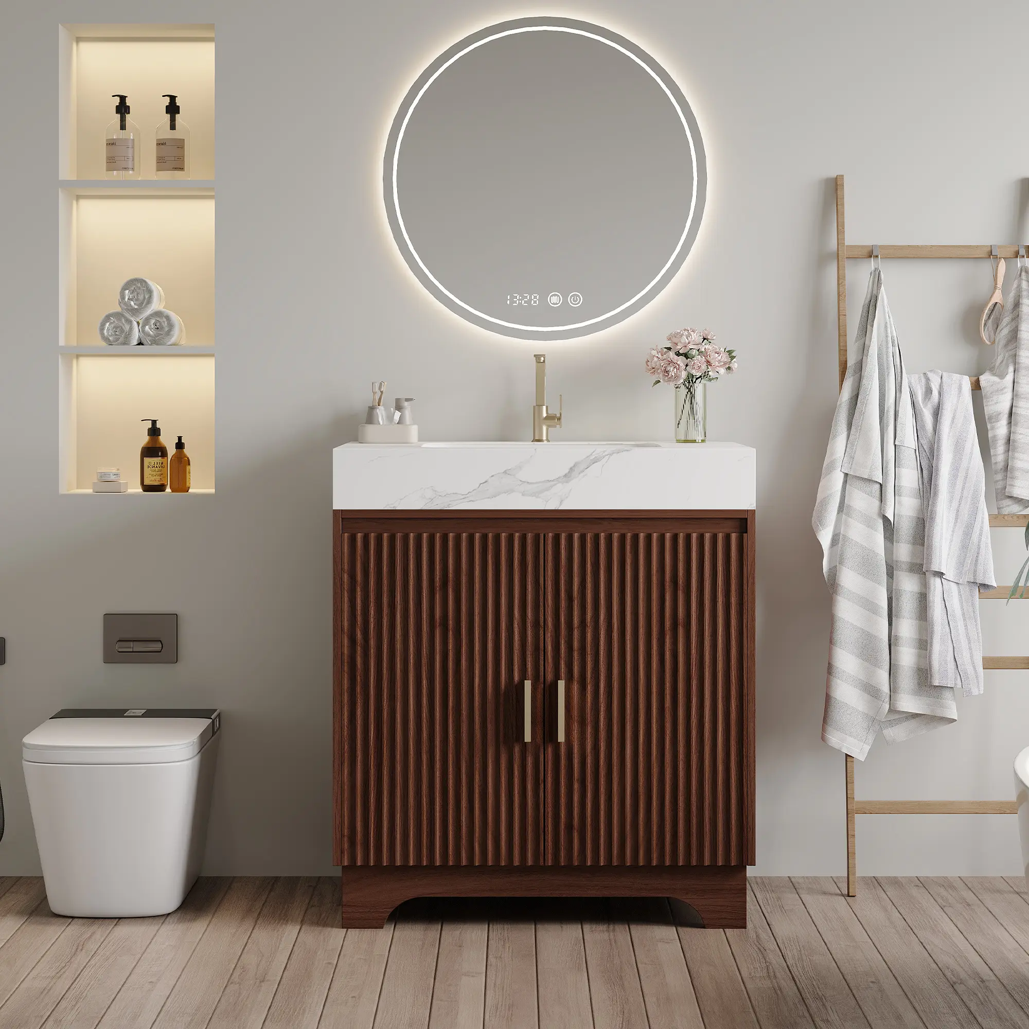 Freestanding Bathroom Vanity with Sintered Stone Countertop and Ceramic Sink, 30 Inch Floor Cabinet with Soft-Close Doors, Single Basin Storage Unit for Bathroom, White Finish