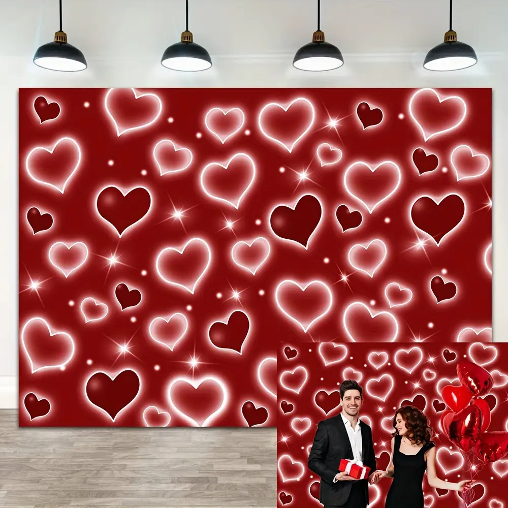 1PC Polyester 2D Flat Summer Vibes Valentine's Day Love Flash Backdrop - Romantic Red Heart Party Decoration Curtain, Party Decoration Supplies, Banners, Birthday Wedding Proposal Photo Background Prop, Wall Decor Banner