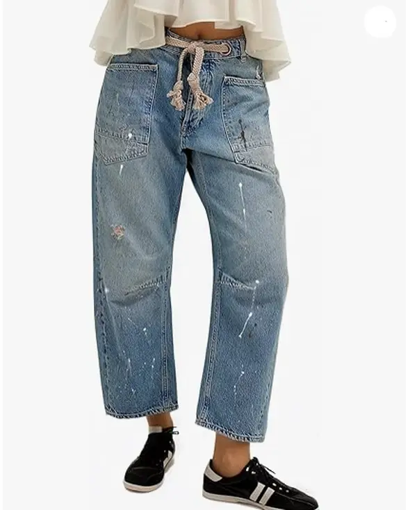 Women's High-Waist Breathable Cotton Painted Barrel Jeans - Cropped Wide-Leg Oversized Bottoms, Adjustable Elastic Drawstring-Button Waist, Classic Clean Fit, Pocket Design for Fall Everyday Streetwear Casual Clothes, Barrel Cut Jeans, Denim, Painted Jean