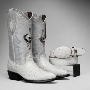 Men's Western Boots Combo Set: Ostrich Print J Toe Cowboy & Rodeo boots in Genuine Leather With Belt