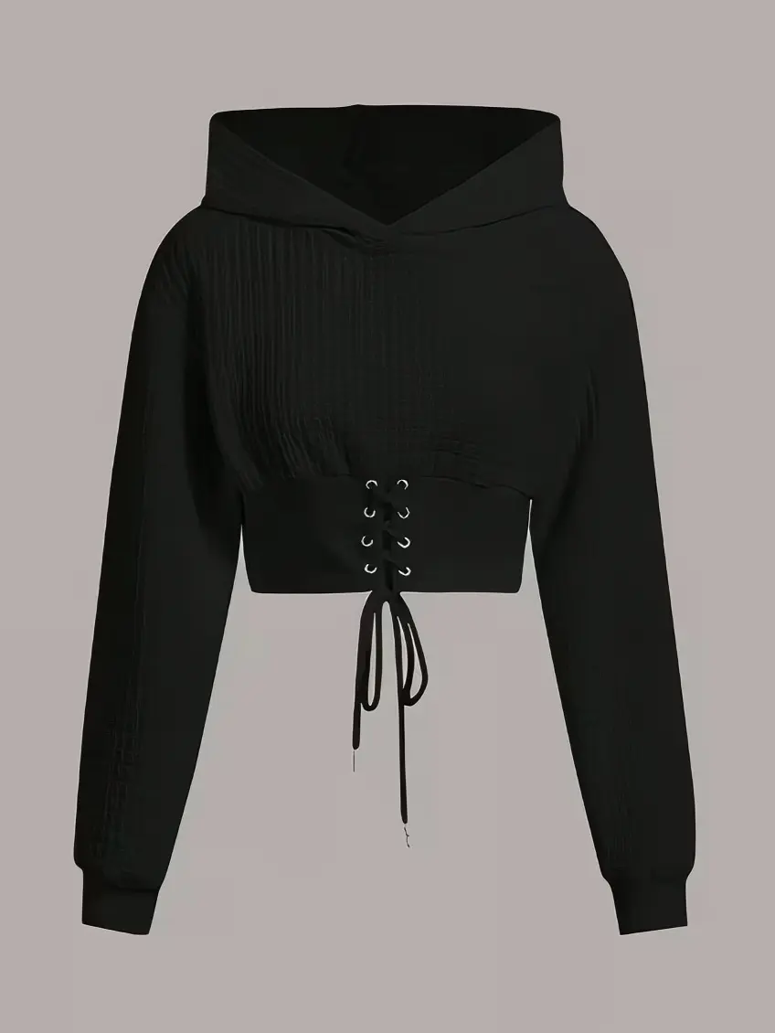 Women Waffle Knit Cropped Hoodie Long Sleeve Lace‑Up Front Drawstring Hem Hooded Sweatshirt Casual Streetwear Crop Top For Daily Going‑Out Club Party