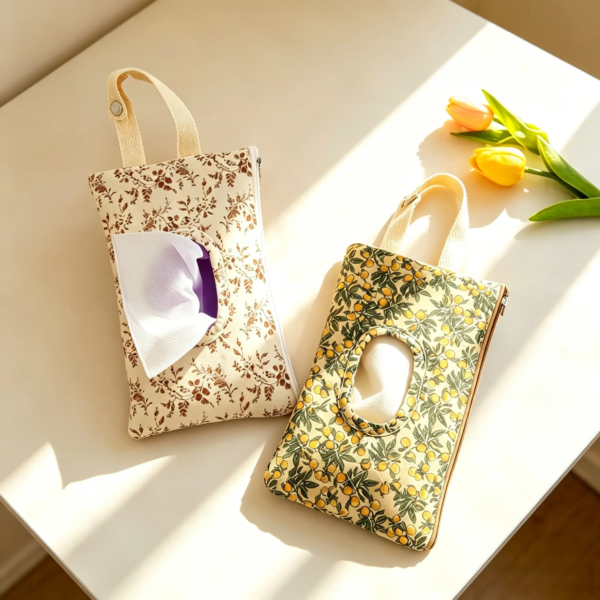 Portable Hanging Floral Print Tissue & Wet Wipes Dispenser - Lightweight Dispenser, Fabric Cover, Pouch Shape Bathroom Necessities, Modern Home Organizer Storage Bag