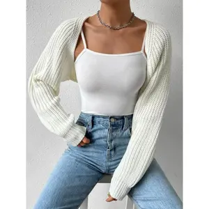 Women's Open Front Cropped Cardigan Long Sleeve Solid Color Ribbed Knit Shrug Sweater Bolero Tops Light wool jacket(Raincoats)