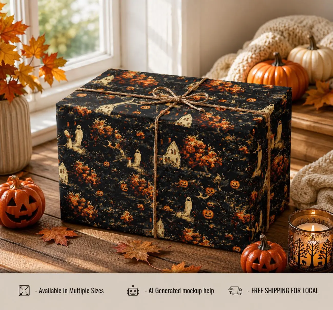 Vintage Halloween Wrapping Paper Roll, Haunted House Ghost Pumpkin Gift Wrap, Gothic Autumn Present Wrap, Spooky Fall Paper
