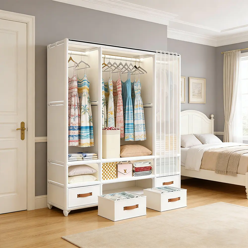 Freestanding Large Fabric Wardrobe with Dust Sheer Curtain & Drawers, Heavy Duty Metal Frame Open Clothing Closet Organizer, Extra Hanging Rod Storage Cabinet for Bedroom Apartment Dorm Rental House Small Space