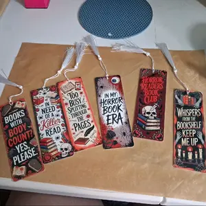 Horror Theme Bookmarks Aluminum Double Sided with Tassel 6 Designs to Choose from Unique Horror Book Club Themed Bookmarks