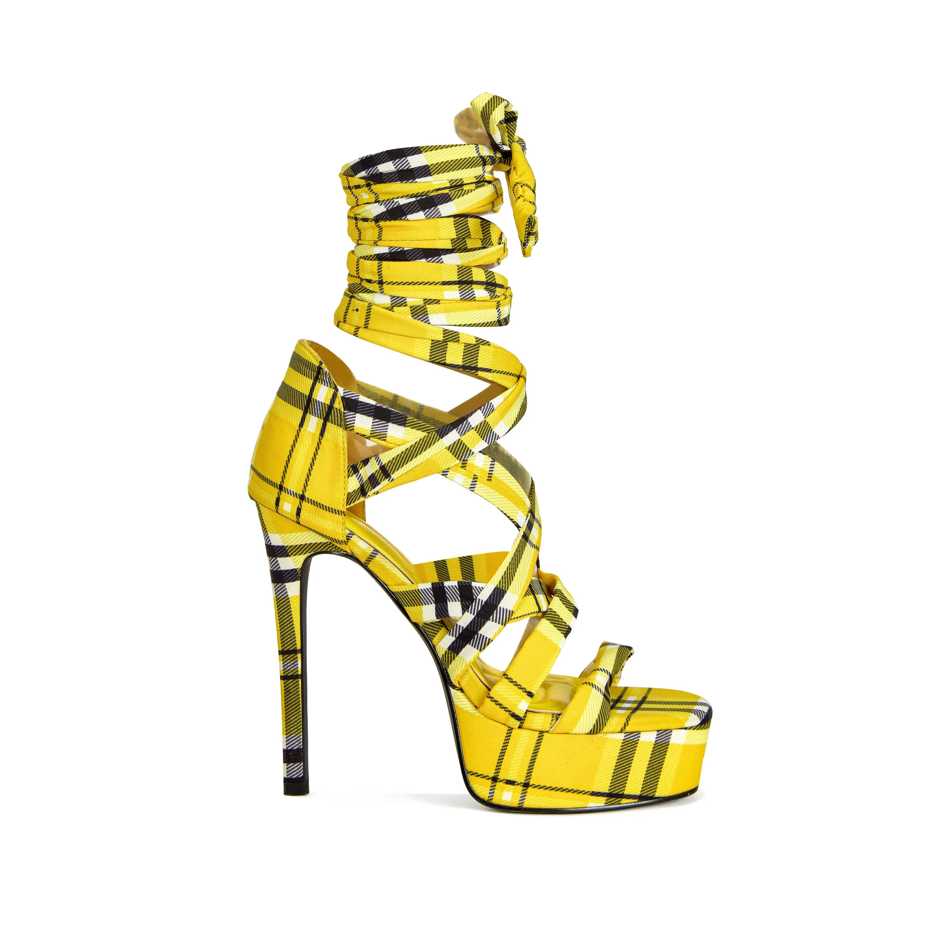 JEMISHA-YELLOWPLAID WRAP-AROUND STILETTO PLATFORM SANDAL