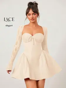 🤍 White Lace Long Sleeve Princess Mini Dress, Elegant Ballet Style Perfect For Graduation.