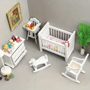 White Wooden Bed Rocking Horse Chair Wardrobe 4-Piece 1:12 Miniature Furniture Set, Perfect Dollhouse Gift for Christmas