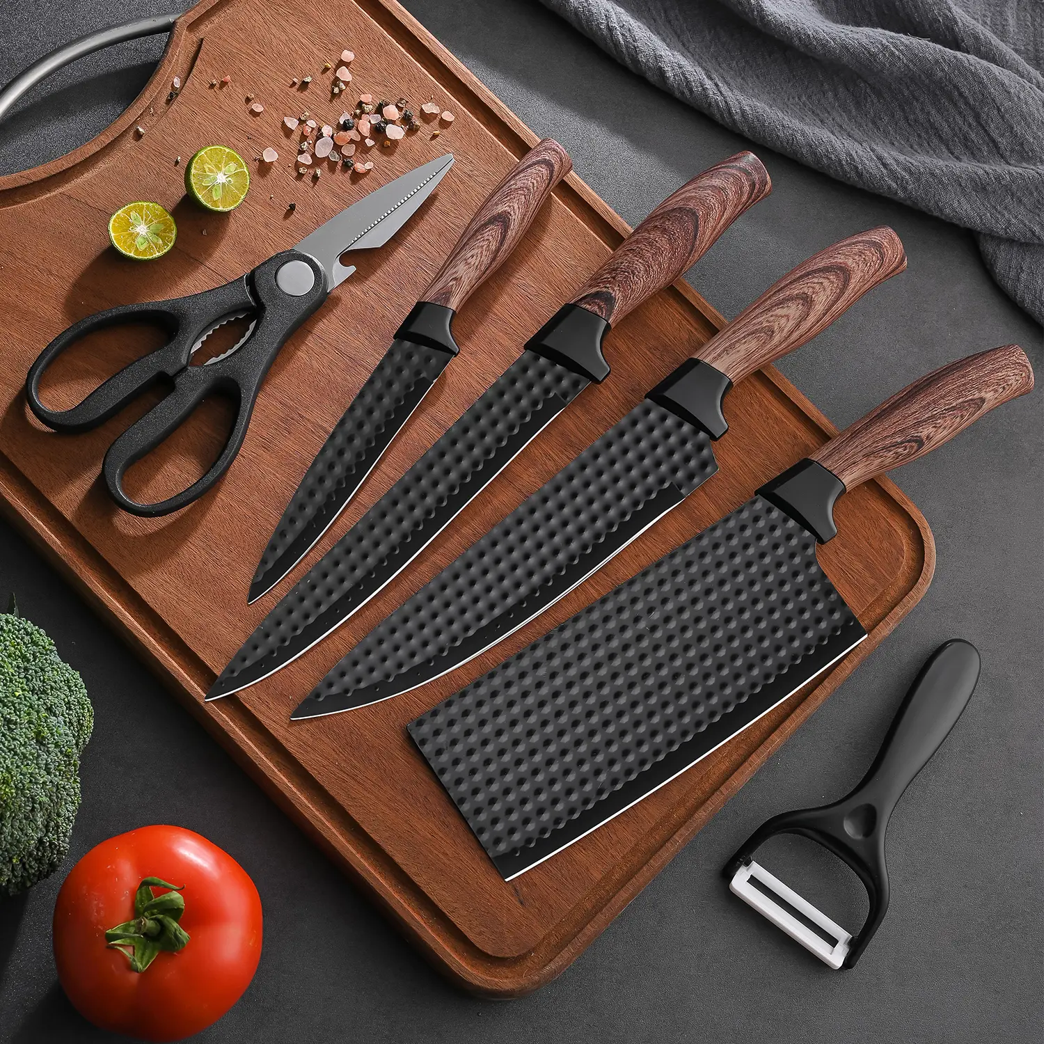 chef's chopping knife, slicing knife, multi-functional peelingknife and scissors made of high-carbon stainless with supersharp and anti-stick ergonomic wooden handles, home andtravel vegetable, meat, fruit gift box.sharp meat knives