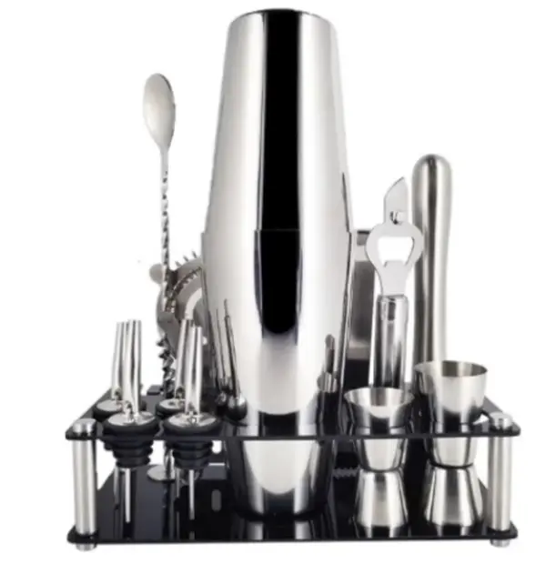 PURE VINTAGE 13-Piece Professional Stainless Steel Bar Set, Bartender Kit with Tongs, Shaker and Bar Utensils, Bottle, Opener