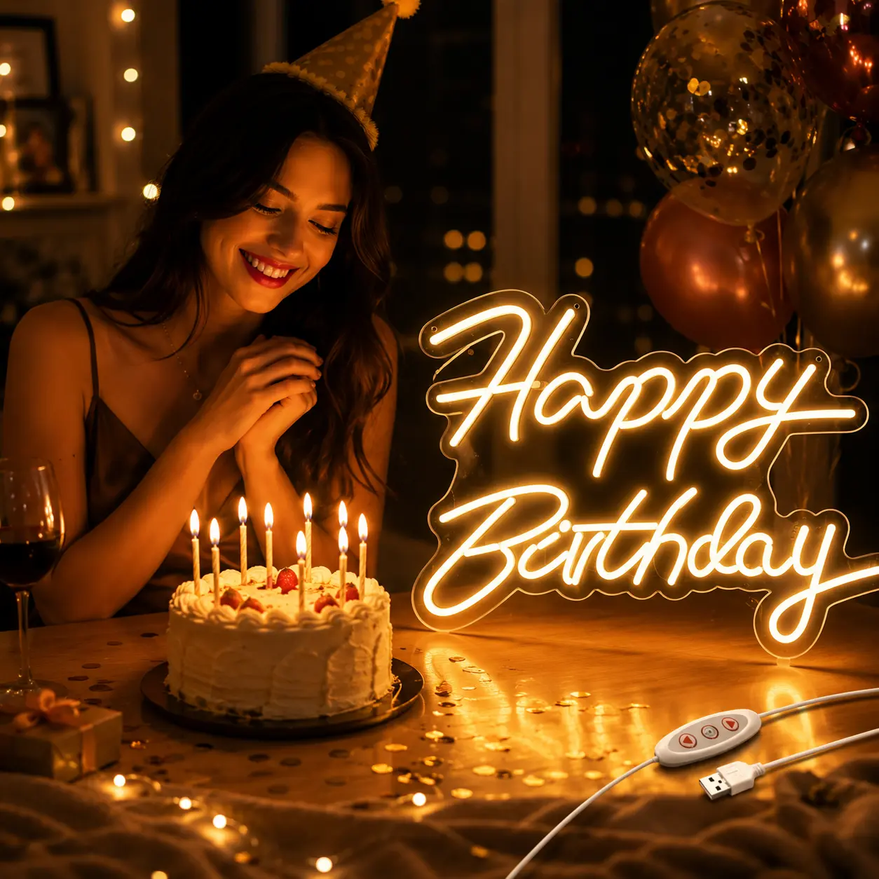Dimmable Happy Birthday LED Neon Sign - 43×33cm Warm White, USB Power Dimmer Switch Included, Wall Decor for Birthday Party Home Bedroom Photo Backdrop (Festive & Home Supplies), Led Lights Bedroom, Led Neon Signs
