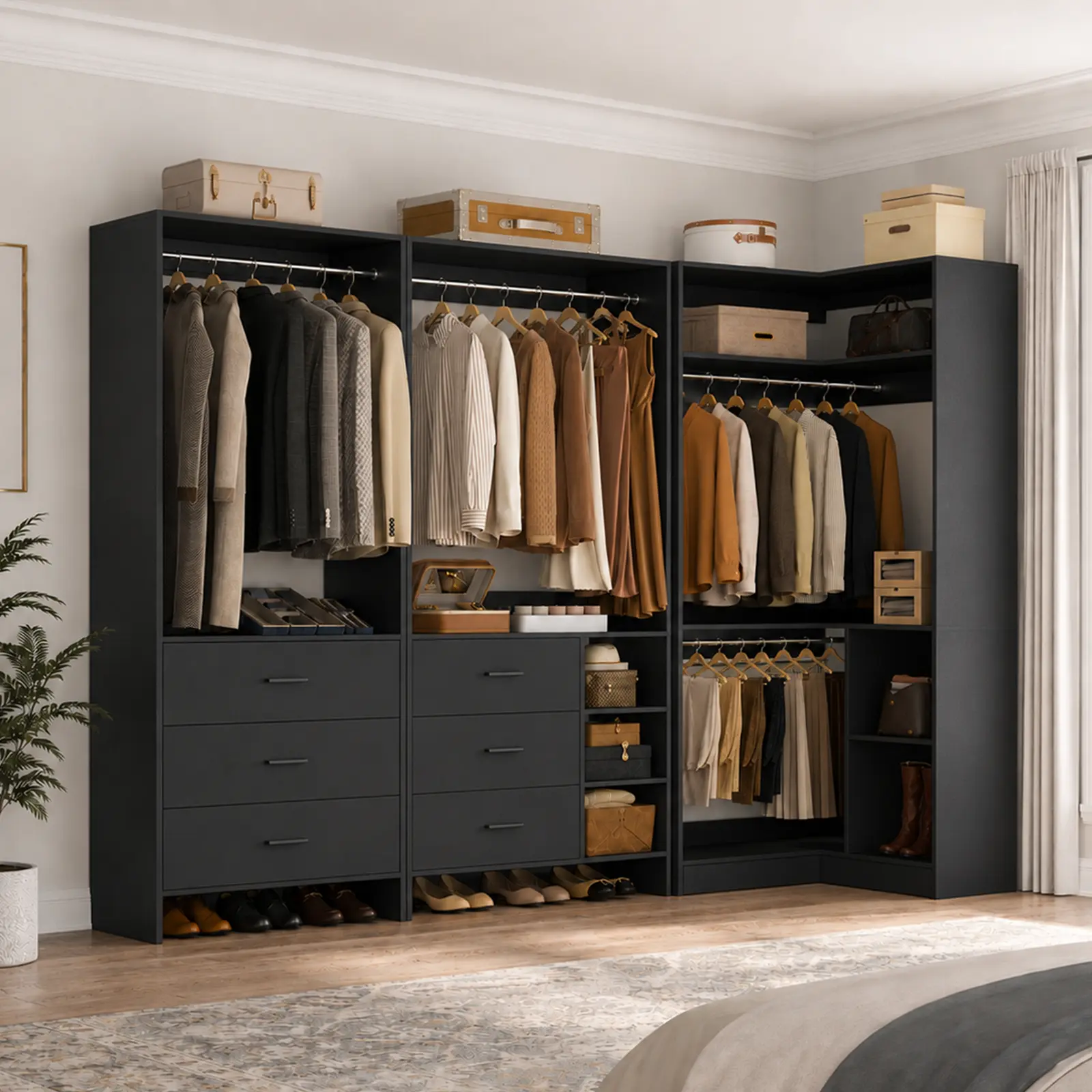 Black Corner Closet System Set with Wooden Drawers ＆ Hanging Rods, Reversible Freestanding Modular Walk-in Closet Organizer System Wardrobe Armoire with Shelves,dorm essentials,home decor