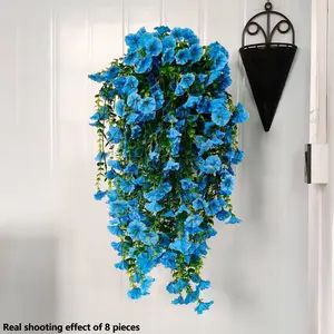 8pcs Large Outdoor Blue Trumpet Flower Hanging Decor, High Fidelity Open Shape, UV Resistant, No Power Needed, Home Garden Patio Decoration,no fade no water flowers