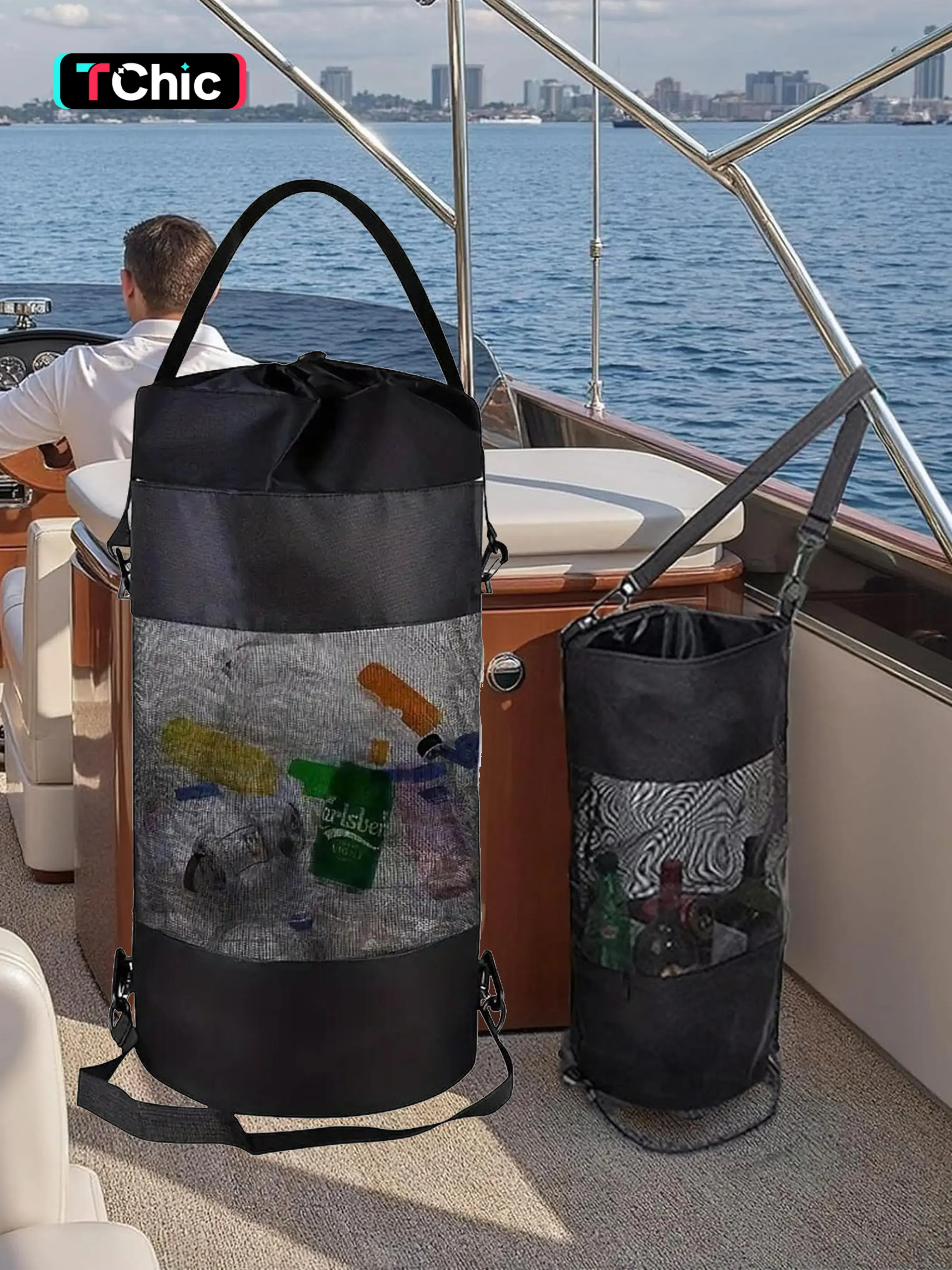Portable Boat Trash Bag, Reusable Mesh Container, Outdoor Trash Bags Medium Size with Strap, Suitable for Kayakers, Campers, Fishing Enthusiasts, Organizer