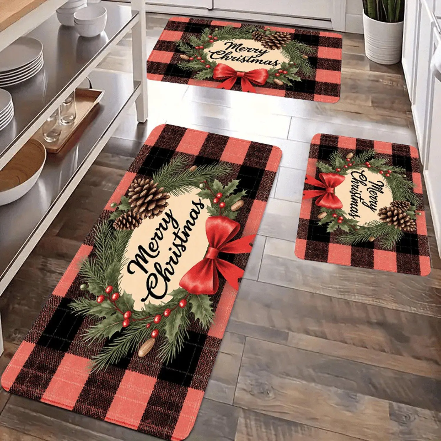 1pc Soft Flannel Floor Mat, Christmas Wreath Bow Pattern Kitchen Carpet, Home Christmas Decor Suitable for Bedroom, Living Room, Dining Area, Kitchen