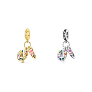 MULA Artist Palette Pendant - 925 Silver-plated Gold Plated Colorful Paint Pendant with CZ and Enamel, Compatible with Pandora Bracelets, Great Gift for Women Girls Art Lovers