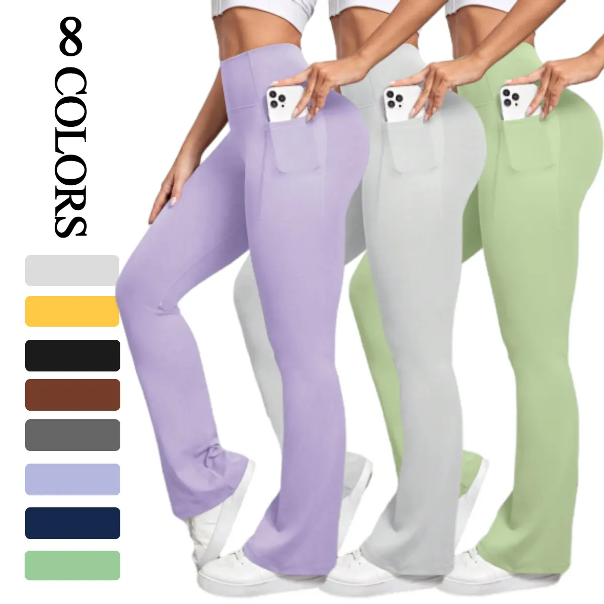 Women's High Waist Bootcut Flare Leggings - Slimming, Breathable Athletic Bottoms with Convenient Pockets, Ideal for Gym Outfits and Running Outfits, Solid Ruched Sports Skinny Leggings for Fitness Activities
