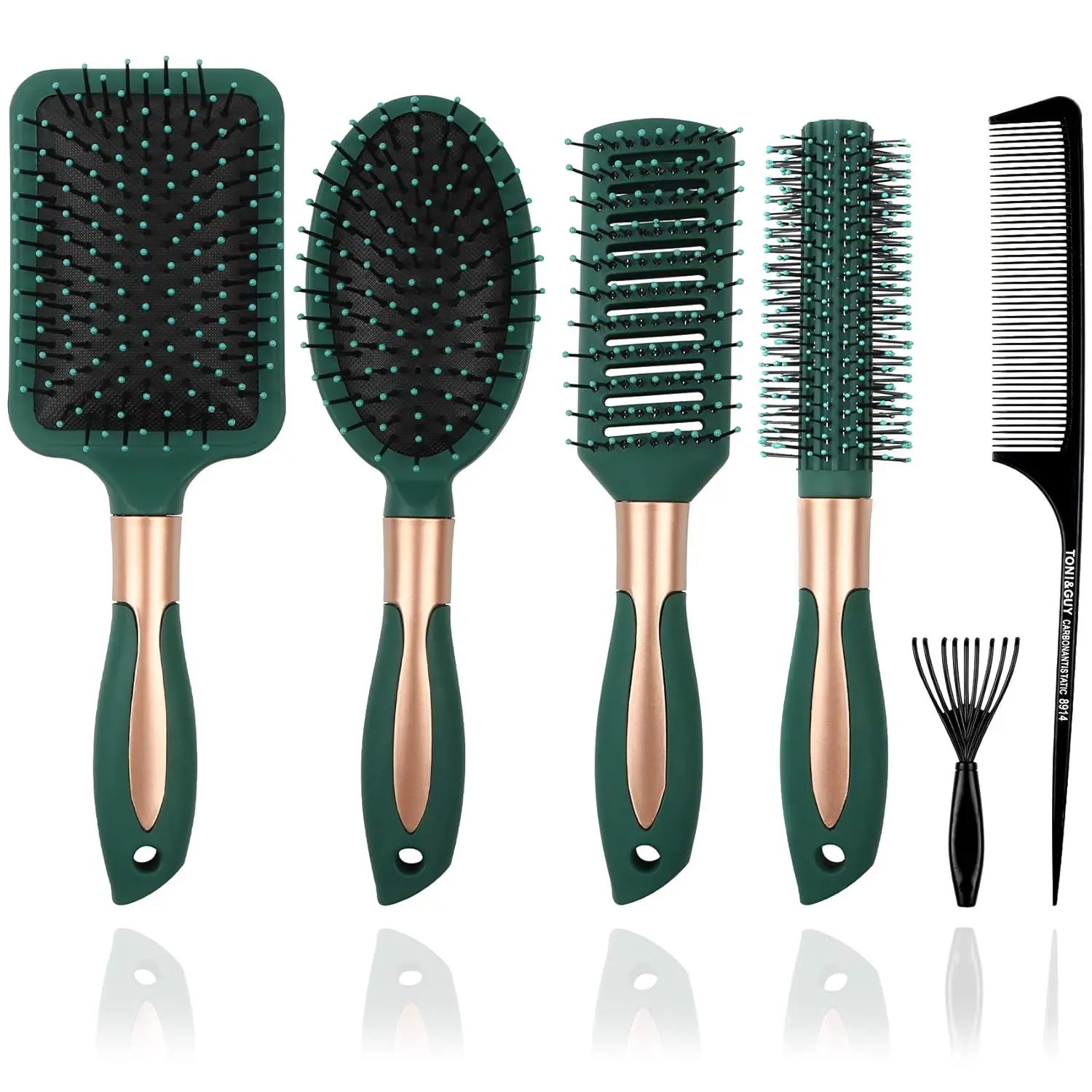 Wet Detangling Brush Set, 6 Piece Hair Grooming Kit with Nylon Paddle & Cushion Brushes for Men & Women, Anti-Static for Curly & Straight Long Hair (Dark Green), Anti Tangle Brushes