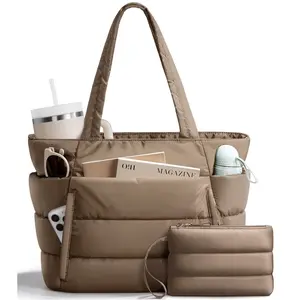 Bagstellar Puffer Tote Bag for Women with Makeup Bag, Large Work Laptop Bag, Lightweight Travel Bag with Zipper Gifts for Mom Wife Teacher Nurse Quilted Shoulder Handbag for School Gym