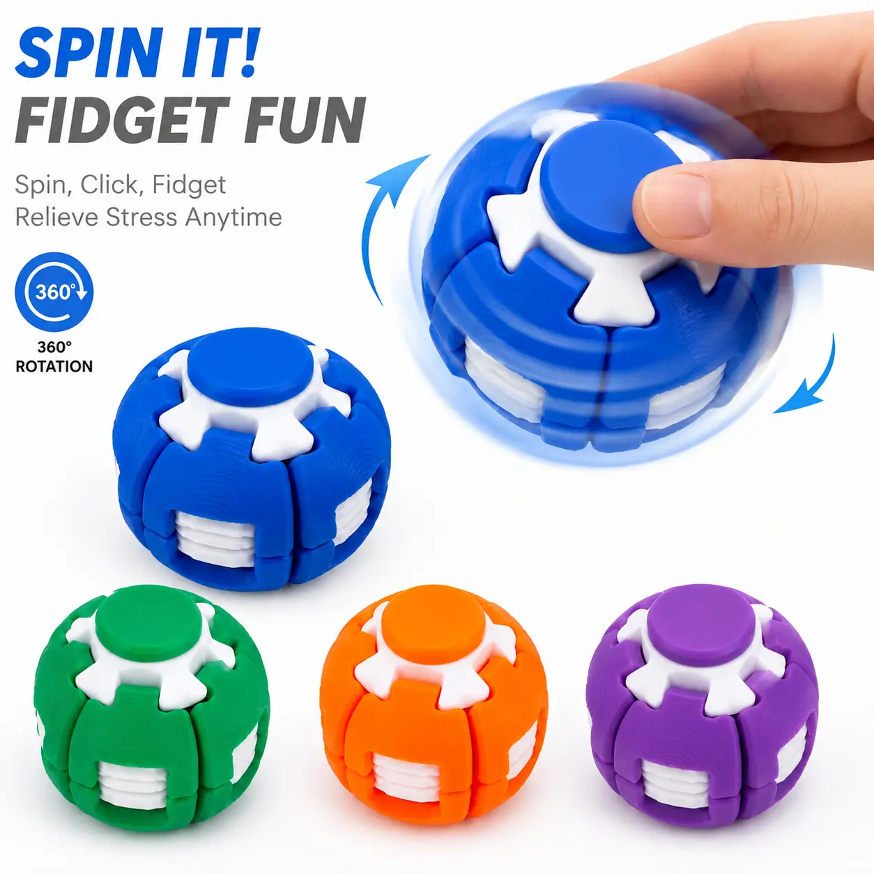One press, and the rotating ball comes alive—this mechanical press-to-spin fidget ball is a decompression toy, press rotating ball design, press to rotate fidget spinner, press the gyroscope ball for stress relief and focus.