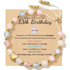 Birthday Gifts for Girls, Healing Crystal Bracelet as 10 13 16 Year Old Birthday Gift, Adjustable Aquamarine Moonstone Rose Quartz Natural Crystal Beads Bracelets as Sweet 16/Double Digits/Teenager Gifts for Daughter Granddaughter Niece Goddaughter Sister