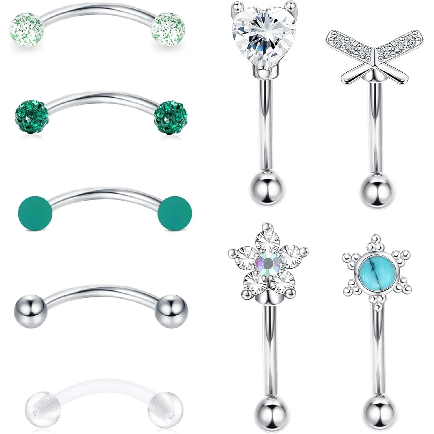 FUNRUN 8-9Pcs 16G Surgical Steel Curved Barbell Set  Multi-Use Body Piercing Jewelry | Rook, Daith, Eyebrow & Lip Rings | Hypoallergenic & Sensitive Skin Safe 8mm