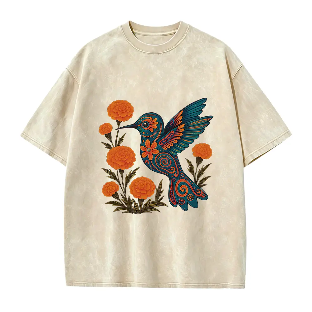 Men's Casual Retro Round Neck Streetwear Trend Alebrije Hummingbird Tee - Día de los Muertos Mexican Folk Art Top with Marigolds Colorful Cultural Graphic, Outdoor, Style