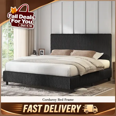 AMERLIFE Modern Full Size Bed Frame - Elegant Corduroy Upholstered Furniture, 3.5" Gap-Free Fully Padded Headboard, 2" Padded Rails, Low Profile Metal Slats, No Box Spring Needed, All-Around Foam Padding, Flush Finish, Assembly Required, for Room Decor
