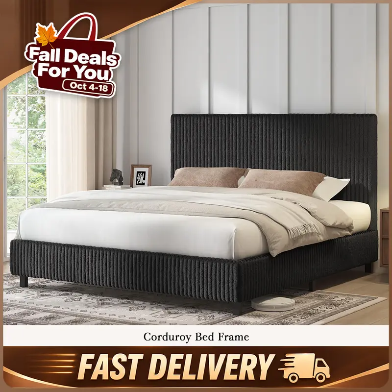 AMERLIFE Modern Full Size Bed Frame - Elegant Corduroy Upholstered Furniture, 3.5" Gap-Free Fully Padded Headboard, 2" Padded Rails, Low Profile Metal Slats, No Box Spring Needed, All-Around Foam Padding, Flush Finish, Assembly Required, for Room Decor