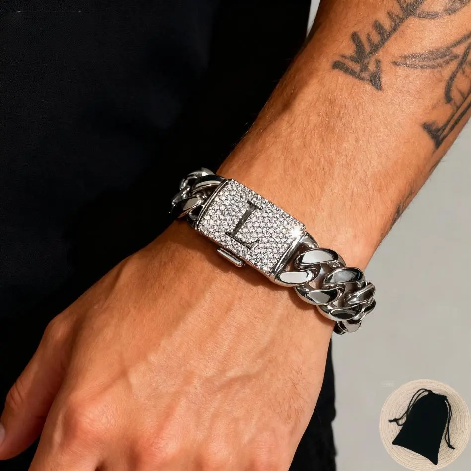 Miami Cuban Link Letter Bracelet - 26 English Alphabet Initials, 14mm Width, 7.5-8.5in Length, Stainless Steel Wrist Accessory with Vacuum Nano Coating, Low Allergenic, Antioxidant, Exquisite Bracelet for Bling Aesthetic Gifts, Letter Link Bracelet