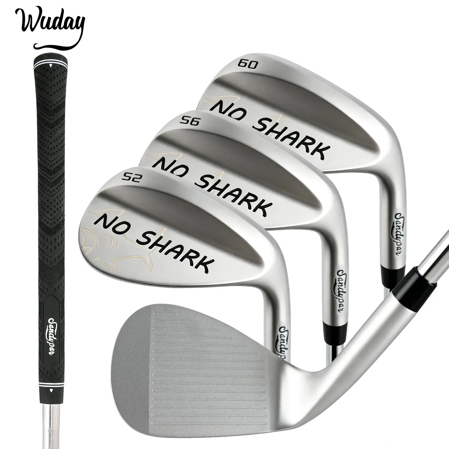 WUDAY Matte Laser Logo Sand Wedge Silver Loft 52°/56°/60° Laser NO-SHARK Logo CNC Milled Lob Wedge with S.S 431 Stepped Steel Shaft & Anti-Slip Grip Tour Satin Wedge Right/Lfet Hand Golf Clubs