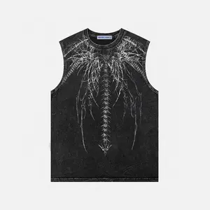 Aelfric Eden Skeleton Wing Washed Tank Top Oversized Sleeveless Fit Acid Wash Finish Skeleton & Thorn Wing Graphic Heavyweight Cotton Fabric Dark Streetwear Unisex Top