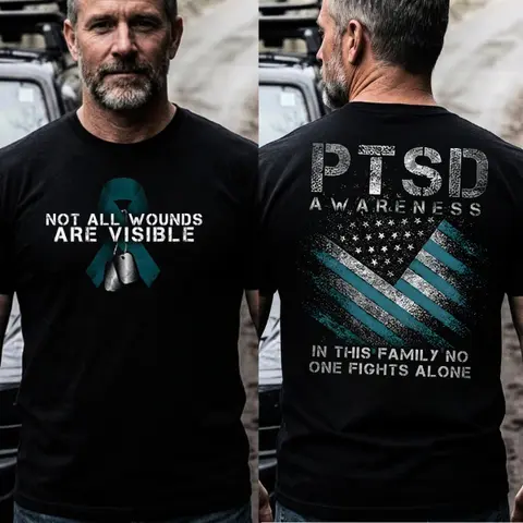 PTSD Awareness Military Shirt "In This Family No One Fights Alone" Graphic Tee Men, Veteran mental health shirt, Military family support tee, Suicide awareness veteran, Military dog tag shirt, Gift For Dad, Husband