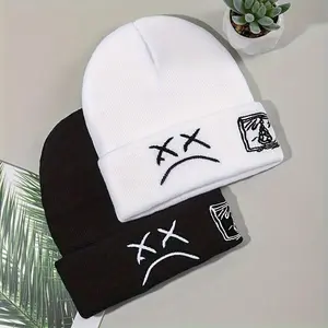 Sad Face Embroidered Graphic Beanie Stylish Unisex Hip Hop Hat Warm Comfortable Winter Knit Cap Black White Cuffed Skull Cap for Women Men Machine Washable