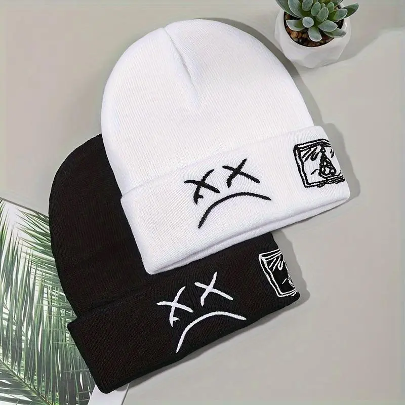 Graphic Beanies for Adults, Sad Face Embroidered Cuffed Knit Hat, Warm Comfy Hip Hop Skull Cap for Winter, Accessories For Women, Machine Wash, Hip Hop Edge, Black+White, Cotton, Cuffed Skull Cap, Everyday, Fashion, Female