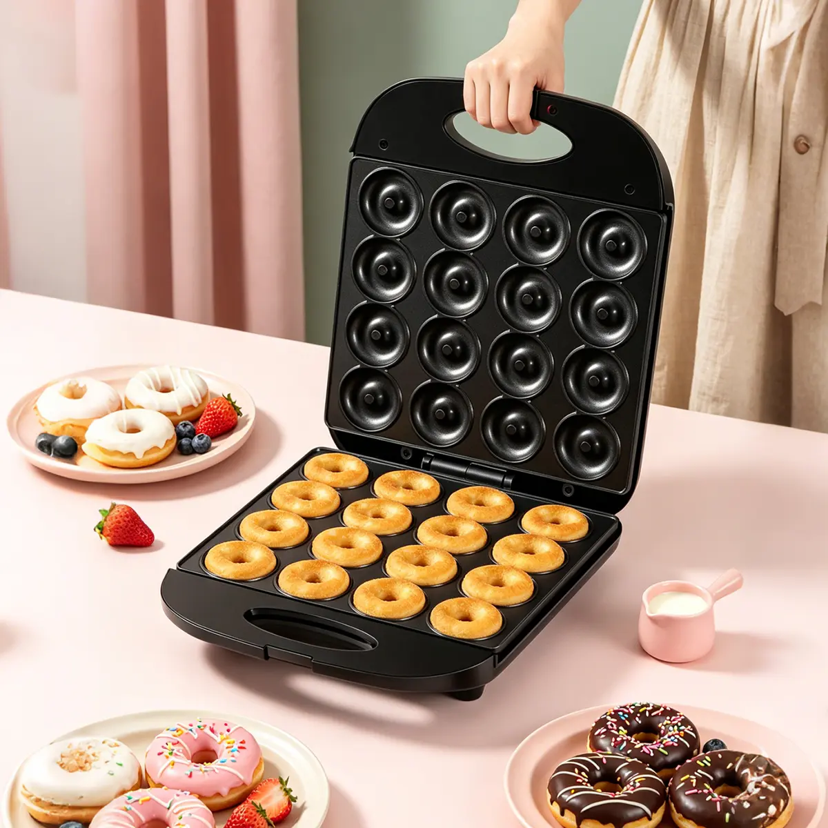 16-Cavity Nonstick Mini Donut Maker, 1200W | Multifunctional Breakfast Snack Machine for Kids — Makes Homemade Mini Donuts and Pancakes