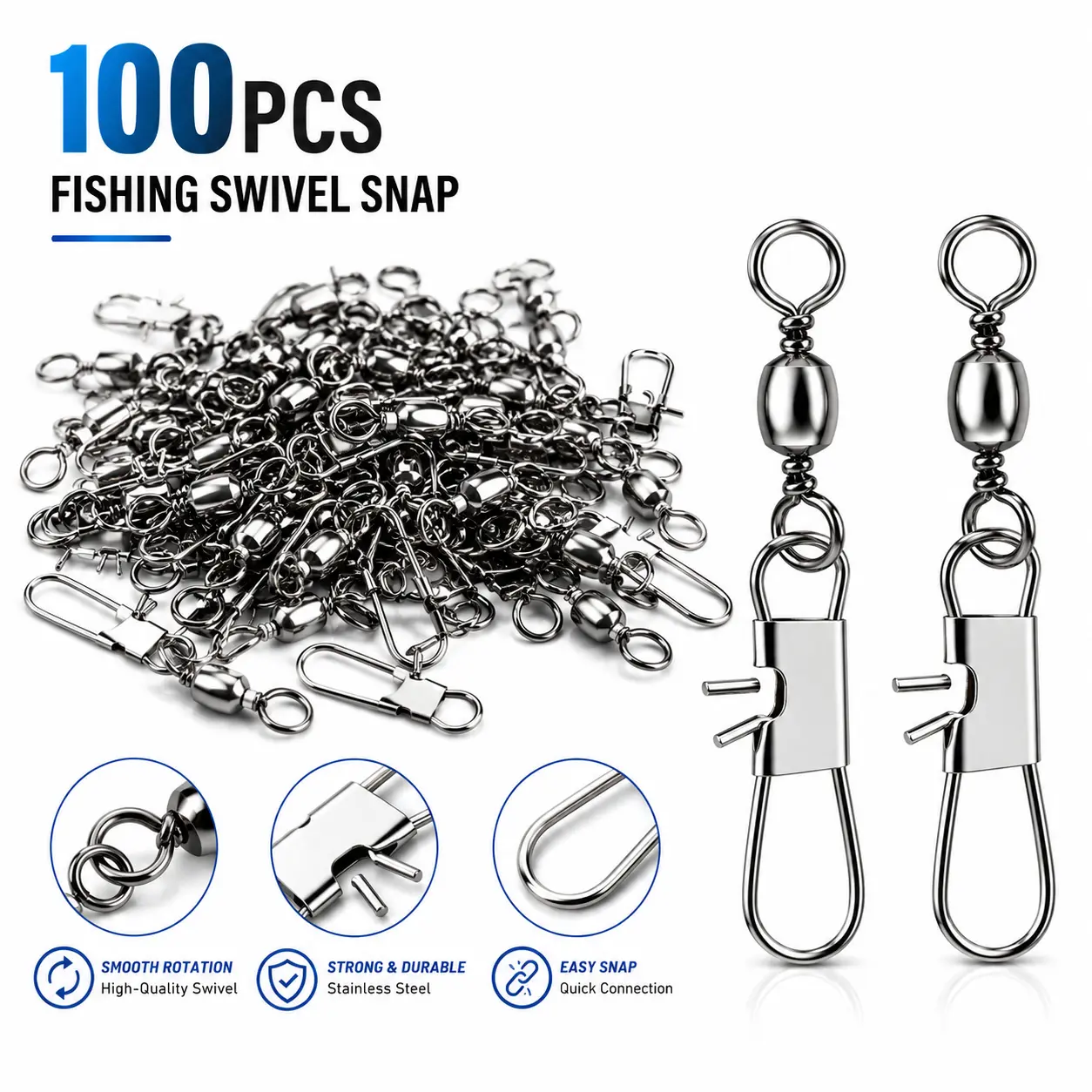 100Pcs Heavy-Duty Stainless Steel Ball Bearing Swivel Rings, High-Strength Anti-Twist Barrel Connectors, Outdoor Fishing Equipment for Bass, Saltwater & Freshwater Tackle