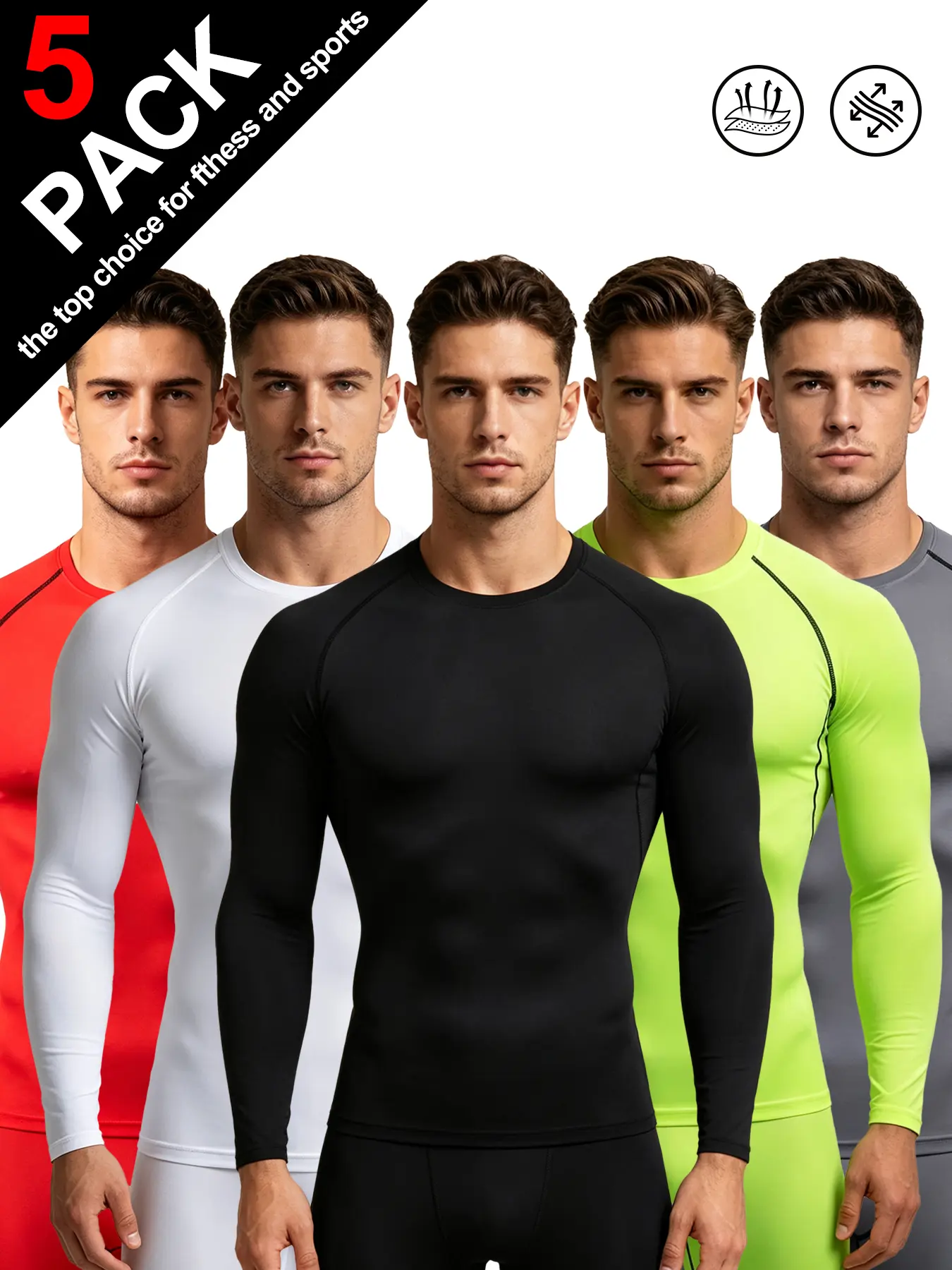 Men's 5 Pack Long Sleeve Compression Shirts, Quick Dry Ultra Stretch Athletic Base Layer Tops, Breathable Workout Undershirts for Gym Running Training & Daily Sports
