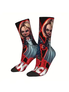 BIIHUDU Men's Chucky Horror Movie Socks - Full-Body Iconic Character Print (Chucky & Beadle Face) - Themed Costume Party Footwear, Casual Wear for Fans - Iconic Horror Icon Design (Polyester)