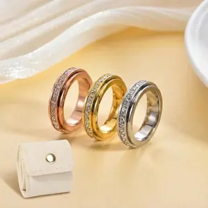 Unisex 3-Piece Titanium Steel Anxiety Fidget Spinner Rings with Cubic Zirconia Inlay, Stress Relief Jewelry, Comfortable Fit Sizes 6-10, Includes Jewelry Storage Pouch, Ideal Gift for Couples & Friends