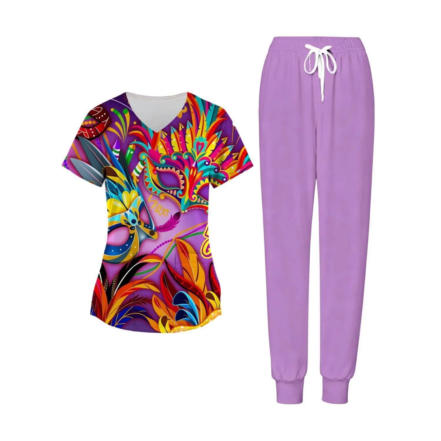 Women's Plus Size Mardi Gras Print V-Neck Top and Pants Scrub Set - Purple 2-Piece Outfit