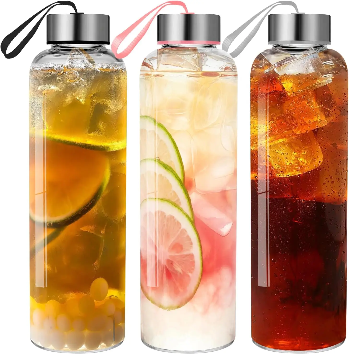 18 oz Clear Reusable Glass Water Bottles Set of 3 (Drinkware) - Leakproof, BPA-Free with Lids, Ideal for Juicing, Refrigerator Beverage Storage